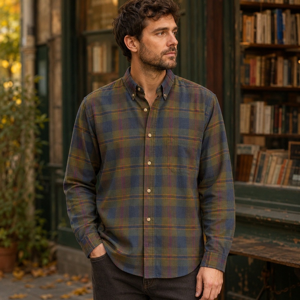 Saddlebrook Mens Plaid Button Down Shirt Olive Green Navy Blue Long Sleeve L